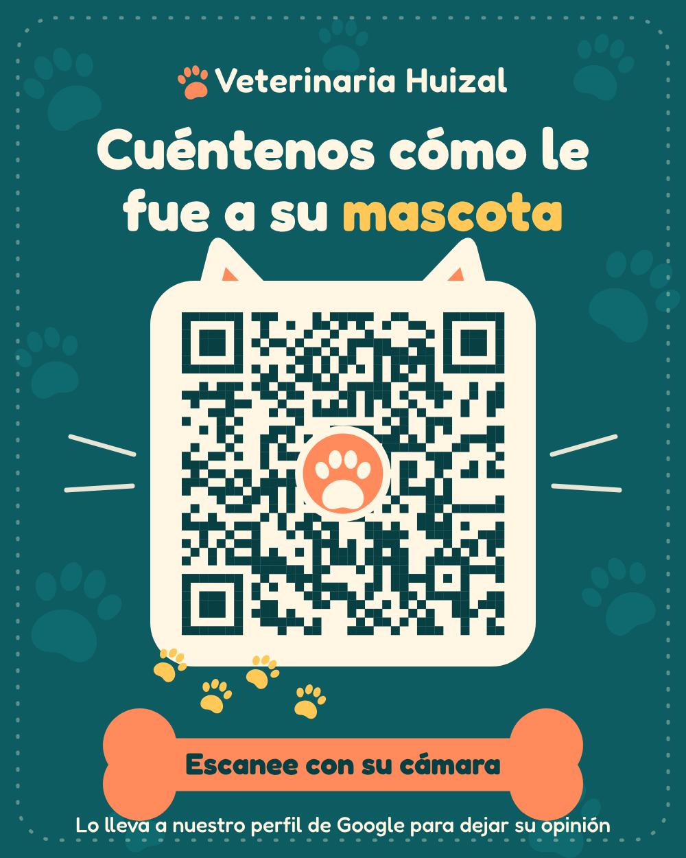 Código QR de ejemplo para Veterinaria Huizal, con orejas y bigotes de gato, huellas y un hueso